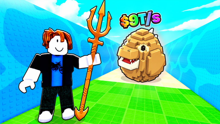 Official Open Sea For Animals artwork of a player holding a golden trident next to a hatched dinosaur egg creature on a green platform.