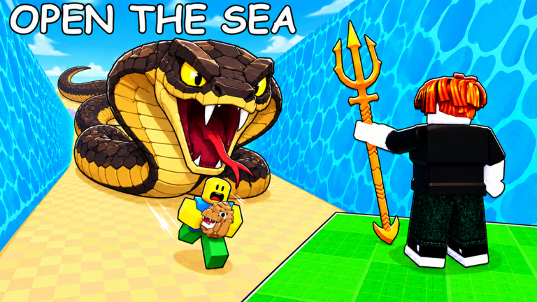 A player holding a golden trident stands on the green base platform beside the parted sea