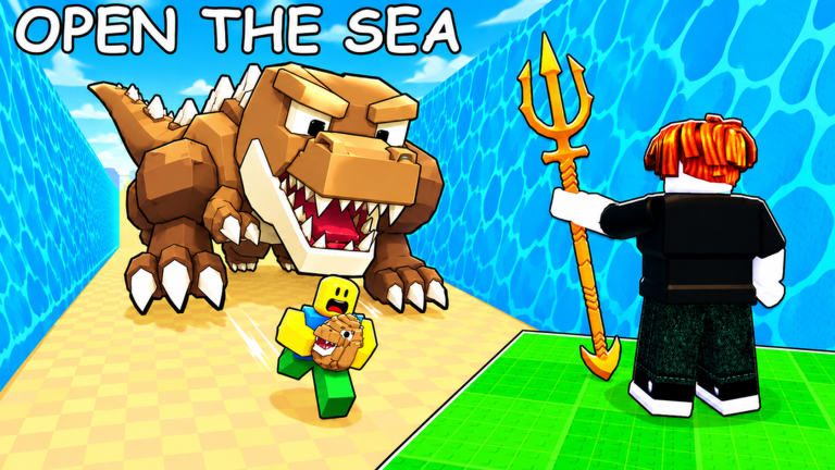 A player holding a golden trident stands on the base platform while another player races a T-Rex back from the parted sea with an egg