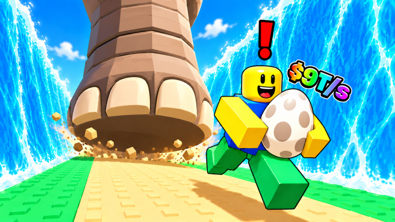 A player sprints toward the camera hugging a spotted egg as a colossal paw slams down behind them, kicking up debris