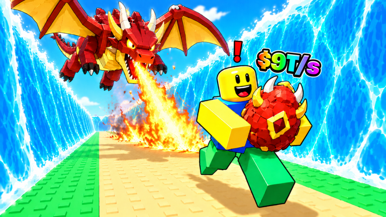 A red dragon breathes fire down the sea path while a player runs toward the camera with a red spiked egg